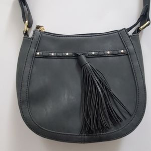 Grey Crossbody Purse with tassel and gold studs. Faux leather.